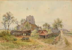 19th Century English School, a rural hamlet with a cart in the foreground, watercolour, 10" x 14" (