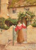 Harold Swanwick (1866-1929), a young female figure holding a white bird outside a country cottage