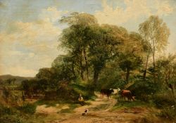 George Shalders (1826-1873), a figure and his dog with cattle on a country track, oil on panel,