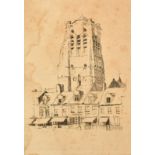 Attributed to Theo van Rysselberghe, an etching of a church tower and terrace, 13.75" x 10" (35 x