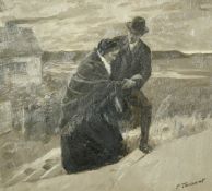 Percy Tarrant (1855-1934), 'He Wrapped Her Up', figures walking along a sand dune, oil on board,