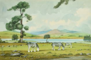 Bryan Conway (20th Century), 'Clydesdale Horses, Argyll', watercolour, signed, 14" x 21" (36 x 53.
