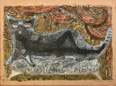 Italian Surrealist School, a nude black man reclining inside a stylised cat, mixed media on wood