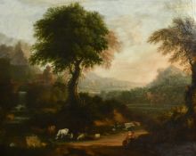 Circle of John Wootton (late 18th Century), figures and livestock in an Italianate landscape, oil on