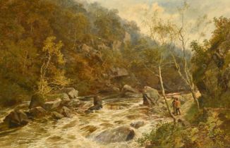 Pike, English School, Circa 1884, anglers conversing by a boulder-strewn river, oil on canvas,