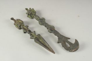 TWO TIBETAN PHURBA RITUAL DAGGERS, 19cm and 16cm long, (2).