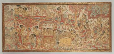 A LARGE SOUTH EAST ASIAN PAINTING ON FABRIC, depicting various figures in a procession, framed and