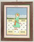 A 19TH CENTURY INDIAN MINIATURE PAINTING, depicting a standing nobleman, 24cm x 19cm.