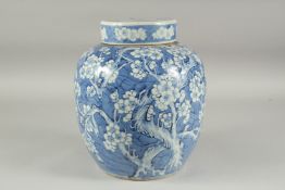 A LARGE CHINESE BLUE AND WHITE PORCELAIN PRUNUS JAR AND COVER, 28.5cm high.