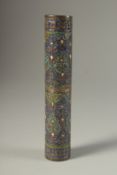 A FINE 19TH CENTURY INDIAN KASHMIRI ENAMELLED AND GILDED COPPER DOCUMENT HOLDER, 16cm long.