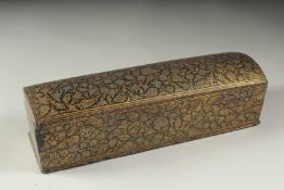 A FINE 18TH - 19TH CENTURY NORTH INDIAN KASHMIR LACQUERED PAPIER MACHE PEN BOX, 25.5cm x 7.5cm.