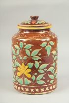 A FINE AND UNUSUAL EARLY 19TH CENTURY MUGHAL INDIAN LIDDED POTTERY ALBARELLO, with Persian