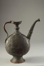 A FINE PERSIAN QAJAR ENGRAVED TINNED COPPER EWER, with figural decoration, 25.5cm high.