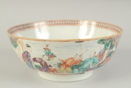 A CHINESE EXPORT FAMILLE ROSE PORCELAIN PUNCH BOWL, the exterior painted with panels of figures,