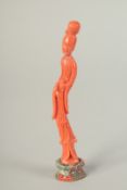 A VERY FINE CHINESE CARVED CORAL FIGURE OF GUANYIN, on stand and in original fitted box with sliding