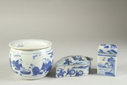 THREE CHINESE BLUE AND WHITE PORCELAIN BOXES, two decorated with boys, the other with landscape