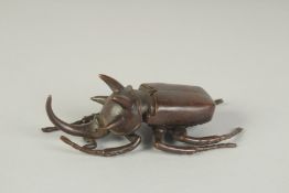 A JAPANESE BRONZE OKIMONO OF A RHINOCEROS BEETLE, with hinged back opening to reveal inner