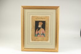 A FINE PERSIAN SCHOOL PAINTING PORTRAIT OF A RULER, with calligraphic inscriptions, framed and