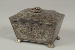 A FINE 19TH CENTURY INDIAN SILVER AND GOLD INLAID KOFTGARI STEEL BOX with original key, 13cm x 9.