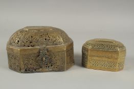 TWO 18TH CENTURY INDIAN DECCANI OPENWORKED BRASS PANDAN BOXES, (2).