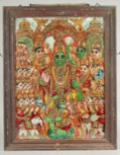 A LARGE LATE 19TH CENTURY SOUTH INDIAN TANJORE REVERSE GLASS PAINTING depicting the coronation of