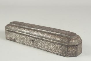 AN EARLY 19TH CENTURY INDIAN SILVER INLAID STEEL PEN BOX, 27cm long.