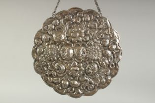 AN OTTOMAN EMBOSSED SILVER MIRROR, 16cm wide.