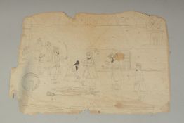 AN INDIAN SCHOOL DRAWING ON PAPER, depicting a scene with figures.