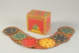 A FINE 19TH-20TH CENTURY INDIAN LACQUERED AND PAINTED BOX OF CIRCUALR PLAYING CARDS, box