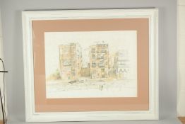 A LARGE CONTEMPORARY SIGNED LITHOGRAPH, depicting a street scene, framed and glazed, indistinctly
