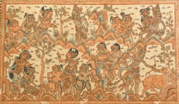 20TH CENTURY SOUTH EAST ASIAN SCHOOL, exotic figures, ink and watercolour on fabric, Hong Kong trade