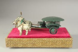 A CHINESE STONE FIGURAL GROUP OF HORSES AND CARRIAGE, mounted to a rectangular base in a perspex