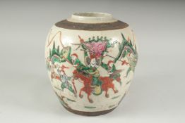 A CHINESE FAMILLE VERTE PORCELAIN JAR, painted with warriors, 25cm high.