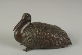 A JAPANESE BRONZE CENSER BURNER IN THE FORM OF A RESTED EGRET, with removable section to the back,