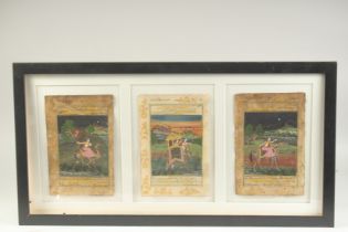 THREE 19TH CENTURY INDIAN MINIATURE PAINTINGS, heightened with gilt highlights, each with