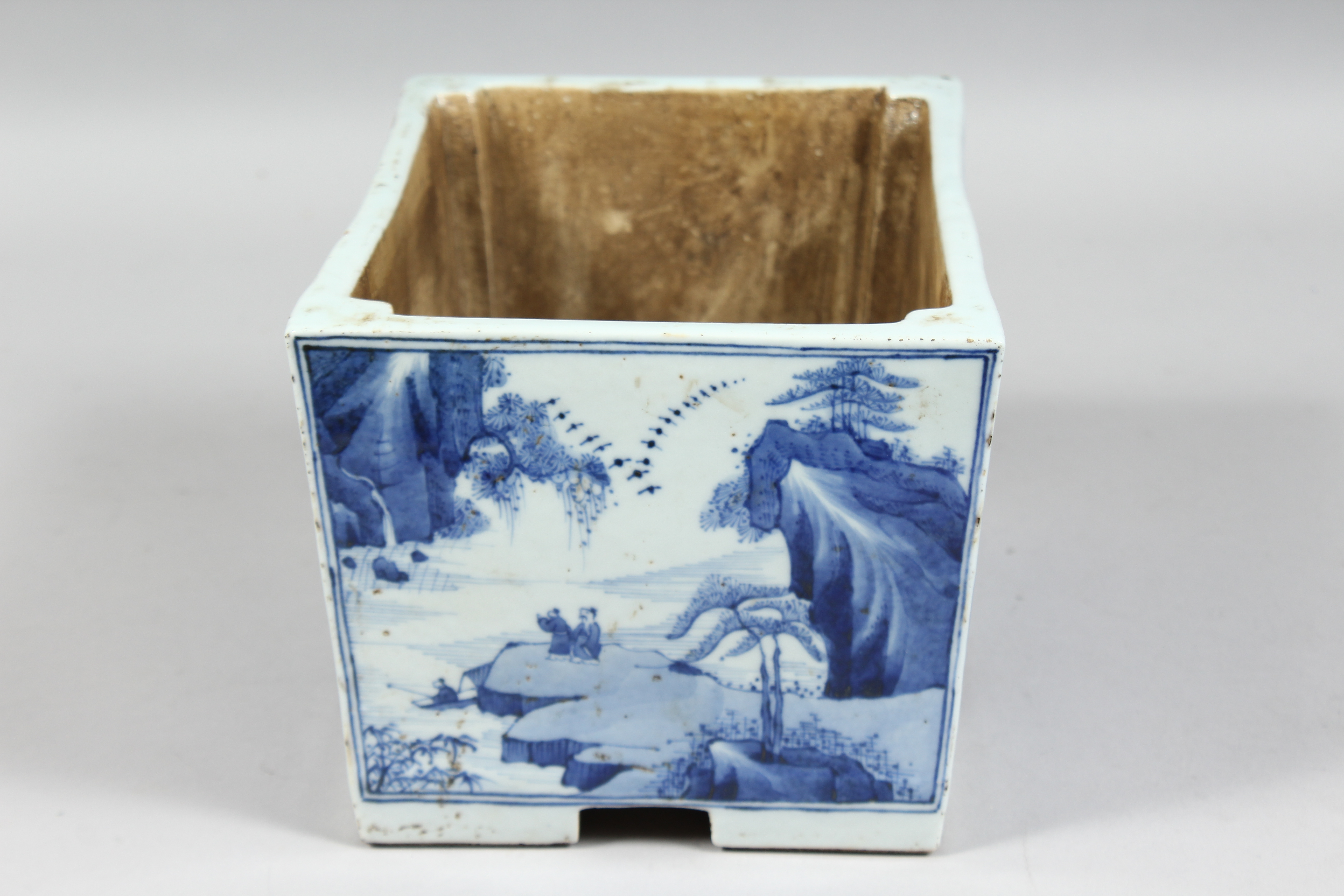 A CHINESE BLUE AND WHITE PORCELAIN RECTANGULAR PLANTER, each side depicting landscape scenes with - Image 2 of 6