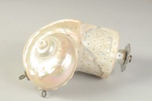 AN INDIAN GOA MOTHER OF PEARL SHELL POWDER FLASK, 19cm.