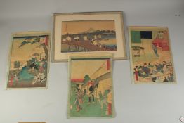 THREE ORIGINAL JAPANESE WOODBLOCK PRINTS, together with another framed and glazed woodblock