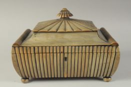 AN ANTIQUE ANGLO INDIAN BUFFALO HORN MOUNTED SEWING BOX, the interior with ebonised lidded
