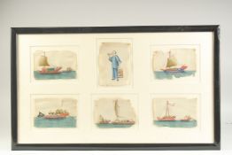 SIX 19TH CENTURY CHINESE PITH PAINTINGS, five depicting junks and one with a single figure, framed
