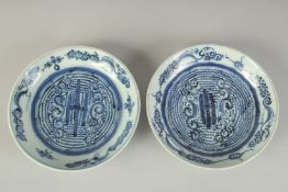 A PAIR OF CHINESE BLUE AND WHITE PORCELAIN DISHES, each with character mark to base, 20cm diameter.