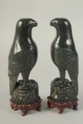 A PAIR OF CHINESE CARVED DARK GREEN HARDSTONE BIRDS, mounted to fitted carved hardwood stands raised