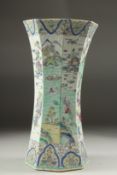 A 19TH CENTURY FAMILLE VERTE PORCELAIN OCTAGONAL VASE, painted with various figures and landscape
