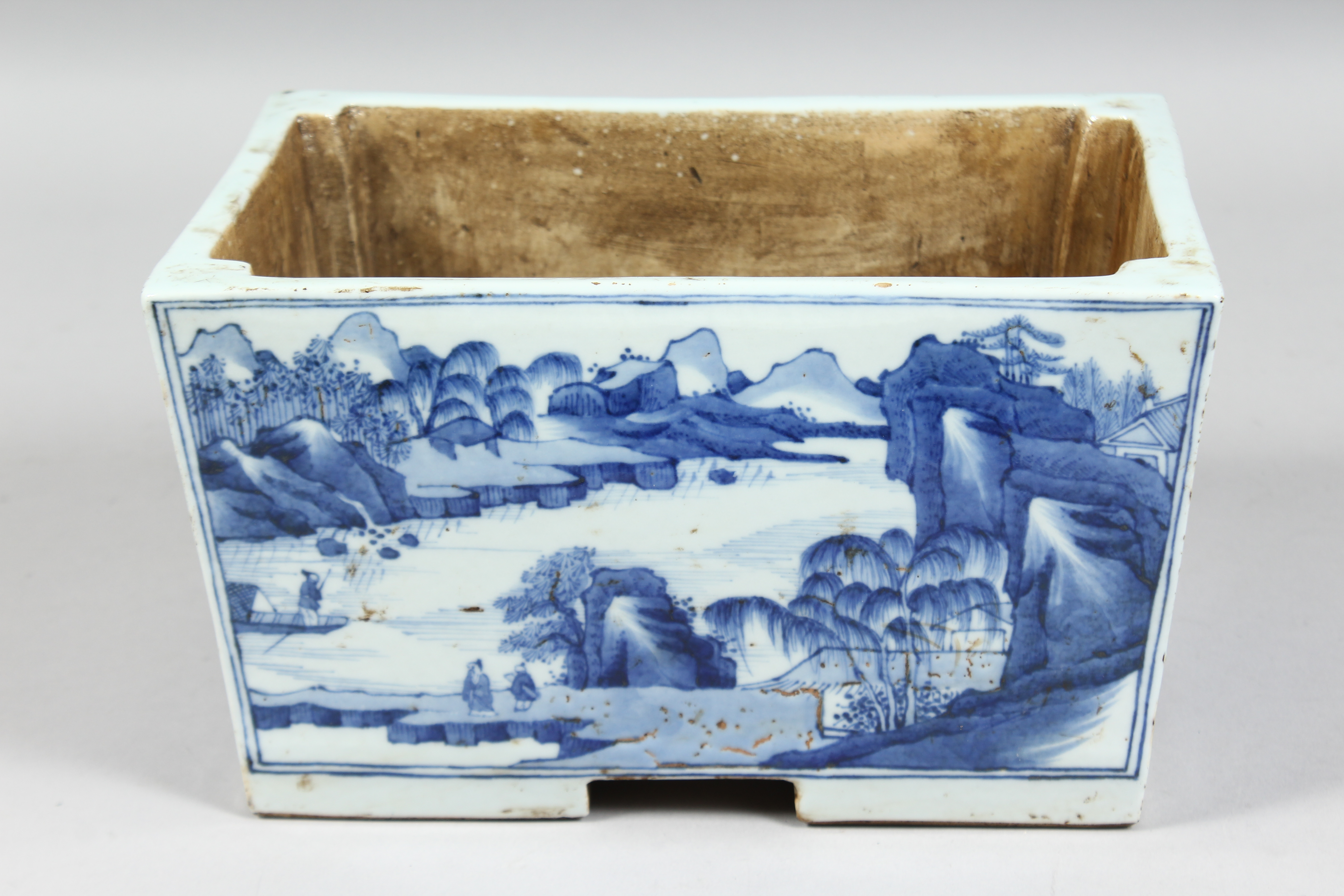 A CHINESE BLUE AND WHITE PORCELAIN RECTANGULAR PLANTER, each side depicting landscape scenes with - Image 3 of 6