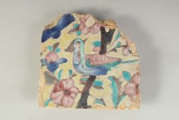 AN 18TH-19TH CENTURY PERSIAN TILE, painted with a bird on a branch, 18cm x 18cm.