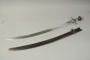 A 19TH CENTURY INDIAN TULWAR, with fine blade - probably Damascus, inscribed to the blade and marked