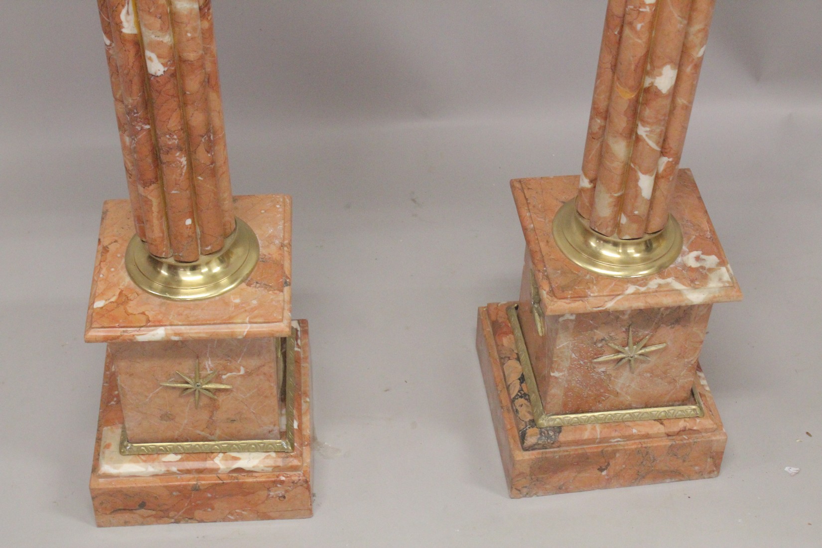 A GOOD PAIR OF PINK MARBLE CLUSTER COLUMNS with square tops and pedestal bases. 3ft 4ins high. - Image 2 of 3