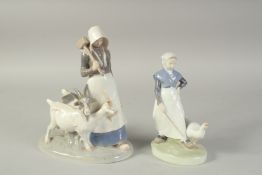 A COPENHAGEN PORCELAIN GROUP, young girl with two goats. No. 694, and a GIRL WITH A GOOSE, No.