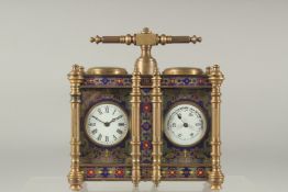 A GOOD SMALL BRASS AND CLOISONNE ENAMEL TWO DIAL CLOCK AND BAROMETER with carrying handle. 4.75ins