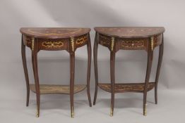 A GOOD PAIR OF LOUIS XVITH DESIGN HALF MOON CONSOLE TABLES with a single drawer, curving legs and